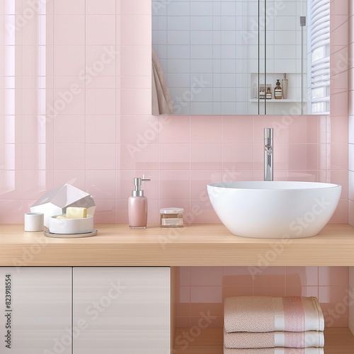 A calm and collected bathroom wall covered in pastel pink tiles  setting a soft  inviting tone that s complemented by natural wood accents and white fixtures.