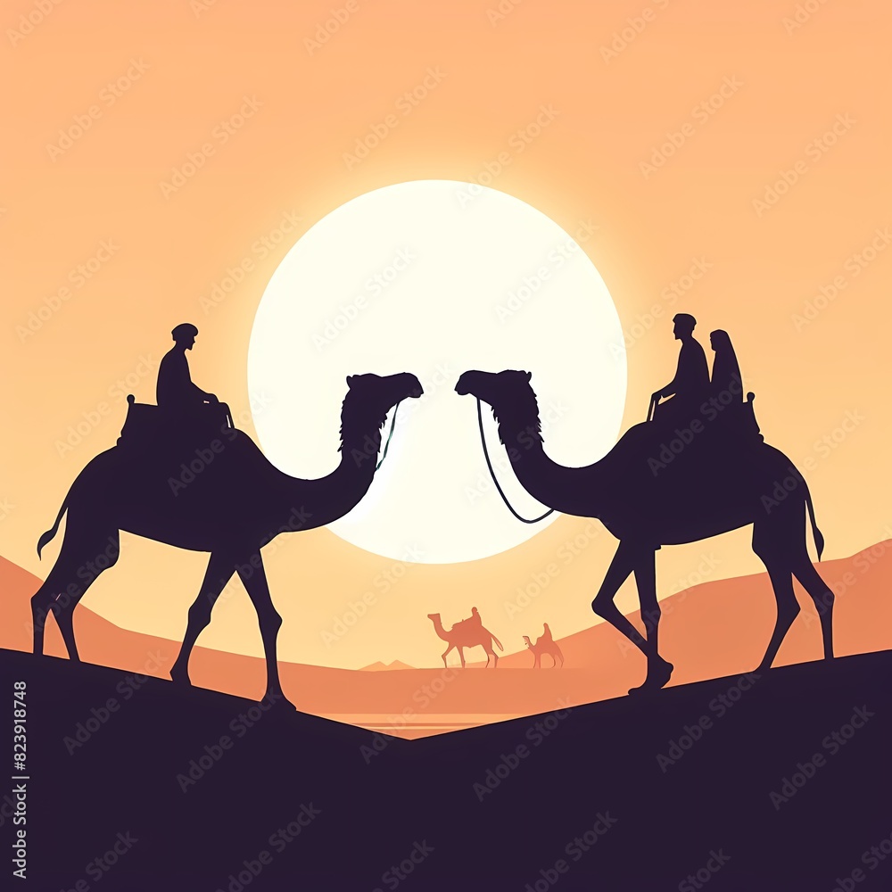 Silhouette of Camels and Riders at Sunset Silhouette of Camels and Riders at Sunset