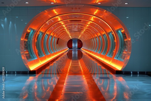 A futuristic hallway illuminated with vibrant orange lighting and metallic accents, creating a tunnel-like passageway in a modern architectural design