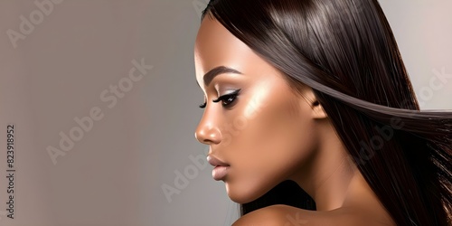 African American model displaying silky straight hair extensions in a studio. Concept Studio Photoshoot  Hair Extensions  Silky Straight Hair  African American Model