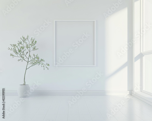 Create a mock-up of a white minimalist bright living room designed to hang artwork. Ensure the perspective guides the viewer s eye to the clean wall  with no shadows on the frame.