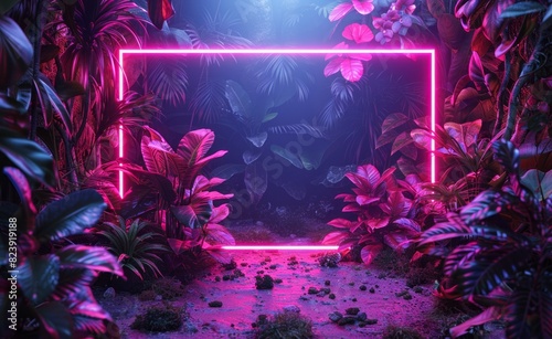 Neon frame with tropical leaves, purple neon light, square shape in the middle. Jungle theme. Night life, night time. Clubbing. Shopping. Copy space. Product advertising.