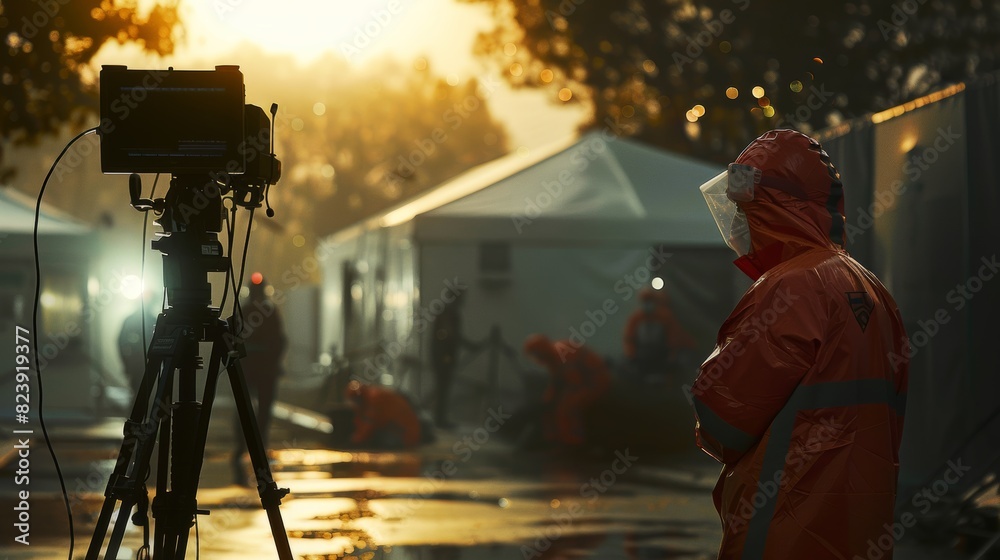 Fototapeta premium Dramatic News Report on Virus Outbreak with Reporter at Quarantine Zone - Use for News, Journalism, Crisis Coverage