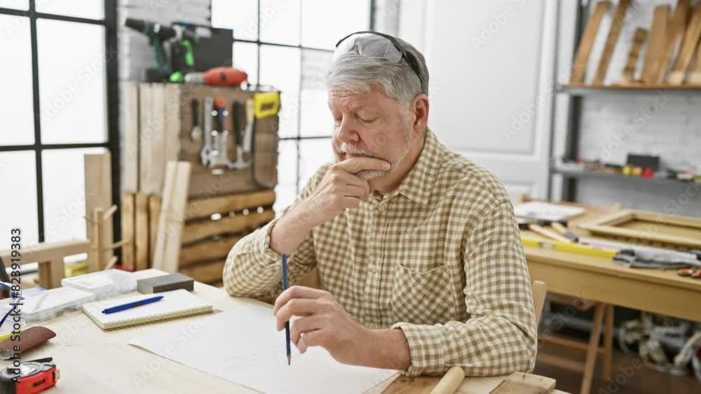 A thoughtful senior man with grey hair sketches in his woodworking workshop surrounded by tools and wooden materials. A thoughtful senior man with grey hair sketches in his woodworking workshop surrounded by tools and wooden materials.
