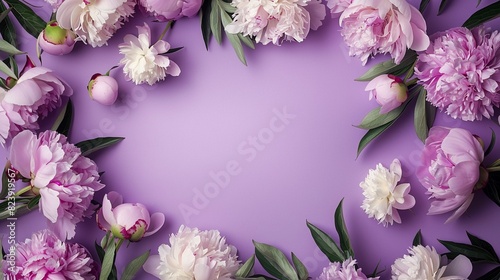 Empty feminine lilac purple peony flowers frame on graceful lilac background, for sign design, wedding invitation, cosmetic product, Mother's Day, Valentine, Woman's Day mock up with copy space.