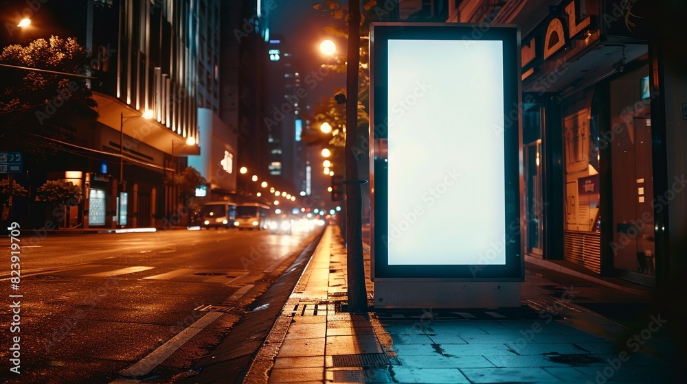 Mock up of light box on the bus stop at night, blank white billboard in night street outdoor, for advertising mock up, vertical digital billboard poster on city street bus stop sign at night. 