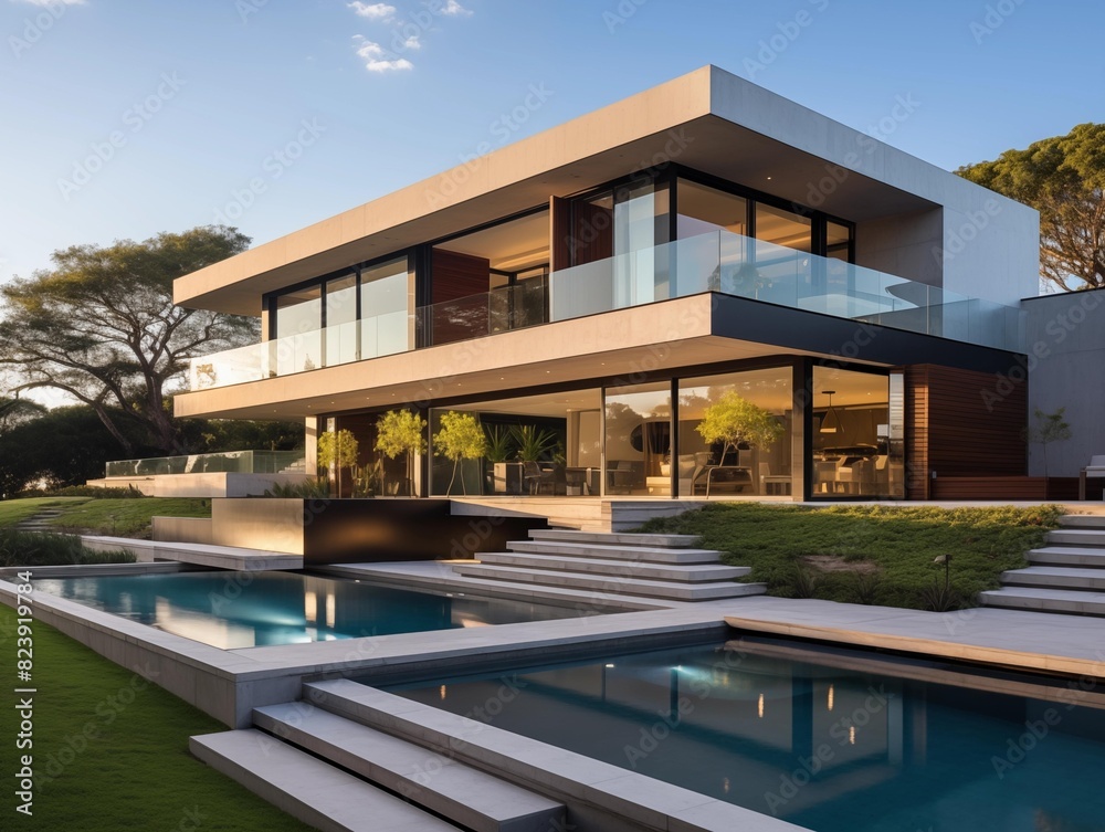 Family enjoys their modern home on a sunny evening Family enjoys their modern home on a sunny evening