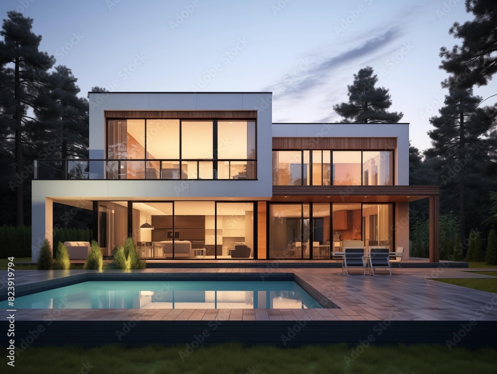 Family Home Illuminated at Dusk in a Tranquil Forest Setting Family Home Illuminated at Dusk in a Tranquil Forest Setting