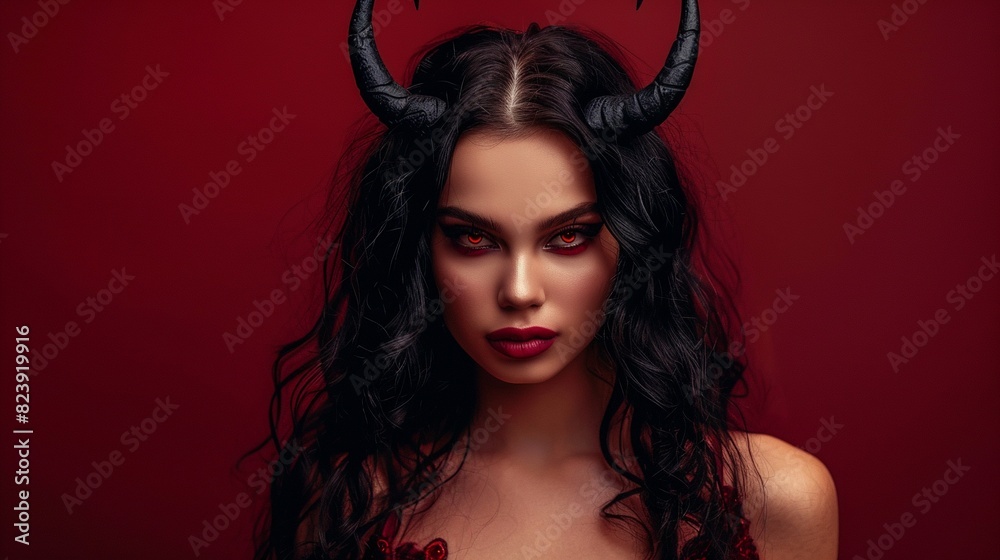 Fototapeta premium Portrait of attractive pretty woman stunning gorgeous alluring bloody scary naughty girl vampire demon isolated on dark red maroon burgundy marsala color background with copy space.