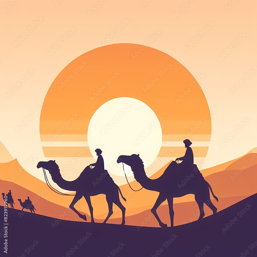 Silhouette of Camels and Riders at Sunset Silhouette of Camels and Riders at Sunset