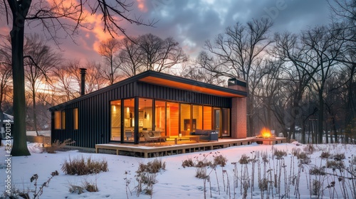 modern residence, winter cold environment, house facade is black metal with standing seams and wood siding