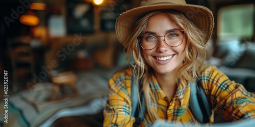 A young woman wearing a hat and glasses  dressed in a casual plaid shirt  smiling warmly inside a cozy  well-lit cabin with a rustic ambiance