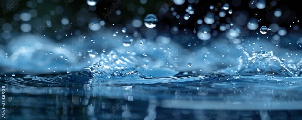 High-resolution close-up of water splashes creating mesmerizing patterns and droplets in motion on a calm water surface with a bokeh background High-resolution close-up of water splashes creating mesmerizing patterns and droplets in motion on a calm water surface with a bokeh background
