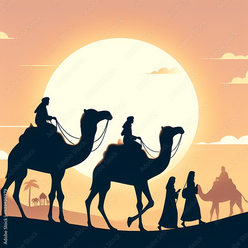 Silhouette of Camels and Riders at Sunset Silhouette of Camels and Riders at Sunset