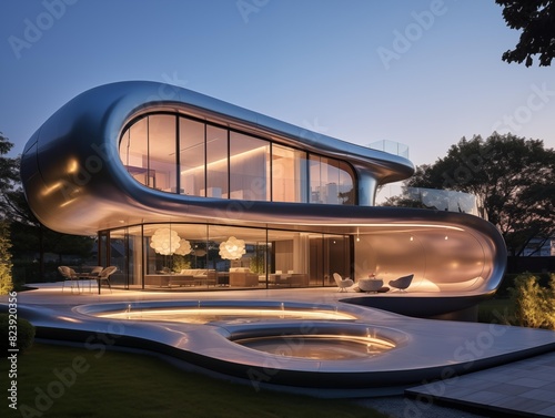 Guests Enjoying a Modern Mansion at Dusk