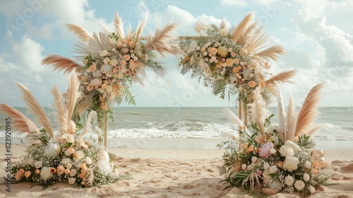 Detailed Boho-Themed Wedding Arch with Pampas Grass  Feathers  and Floral Arrangements on Beach