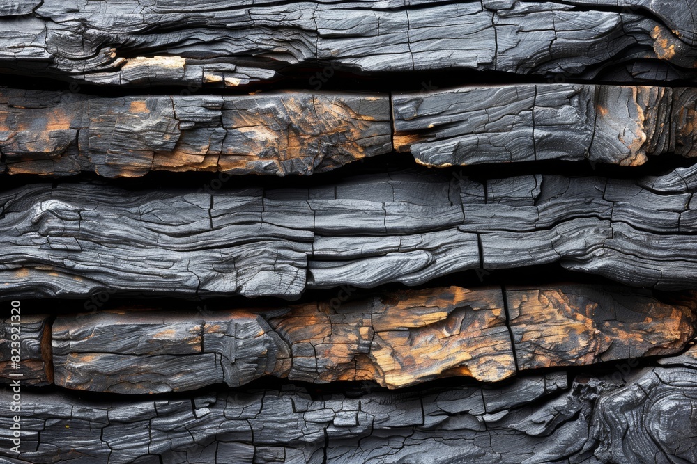 A close-up high-resolution image showing charred wooden logs with intricate textures and patterns highlighting the aftermath of a fire, showcasing the natural beauty in destruction A close-up high-resolution image showing charred wooden logs with intricate textures and patterns highlighting the aftermath of a fire, showcasing the natural beauty in destruction