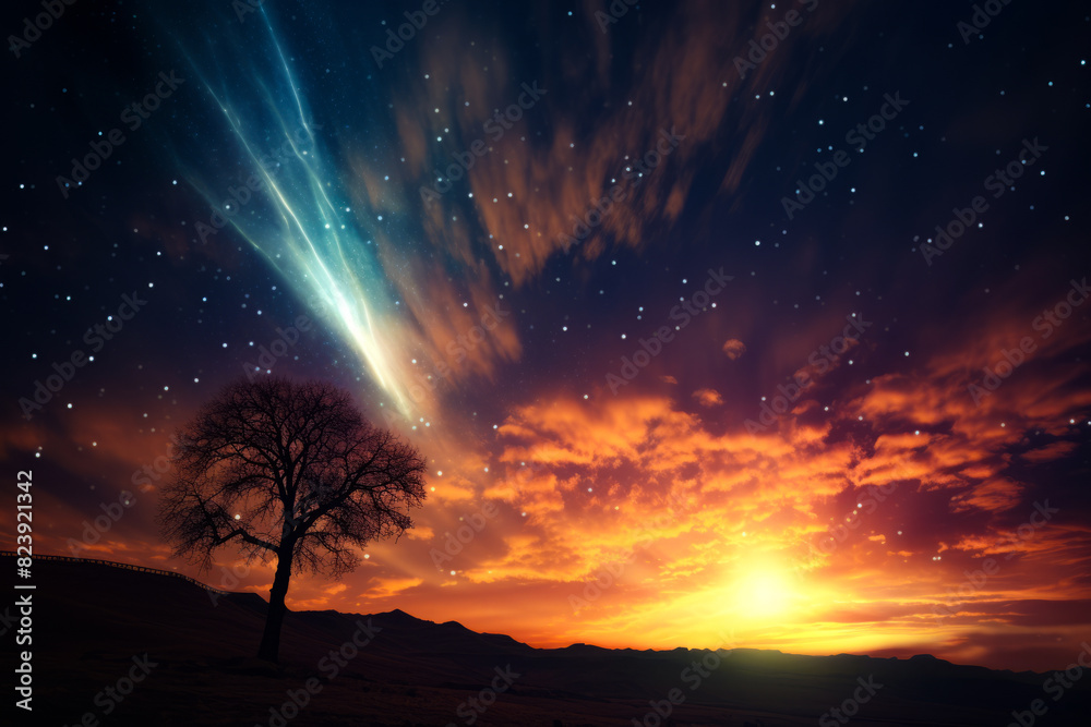 Tree in field with sky full of stars Tree in field with sky full of stars