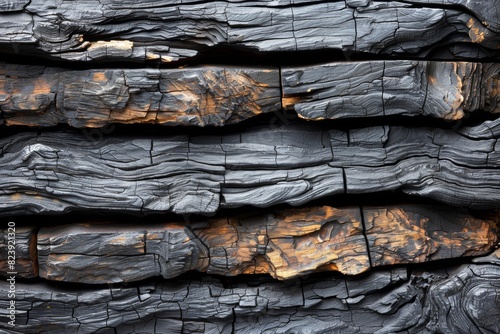 A close-up high-resolution image showing charred wooden logs with intricate textures and patterns highlighting the aftermath of a fire, showcasing the natural beauty in destruction