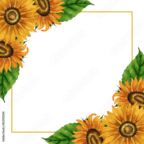 Watercolor sunflowers corner frame. Square frame with yellow flowers. Summer floral composition.  Autumn flowers arrangement. Hand drawn botanical illustration. Design element for postcard, invitation