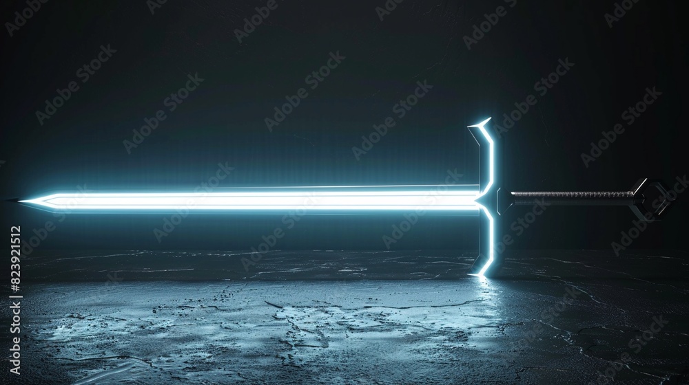 Glowing sword on dark rough rock backgrounds, game scene or fantasy ...