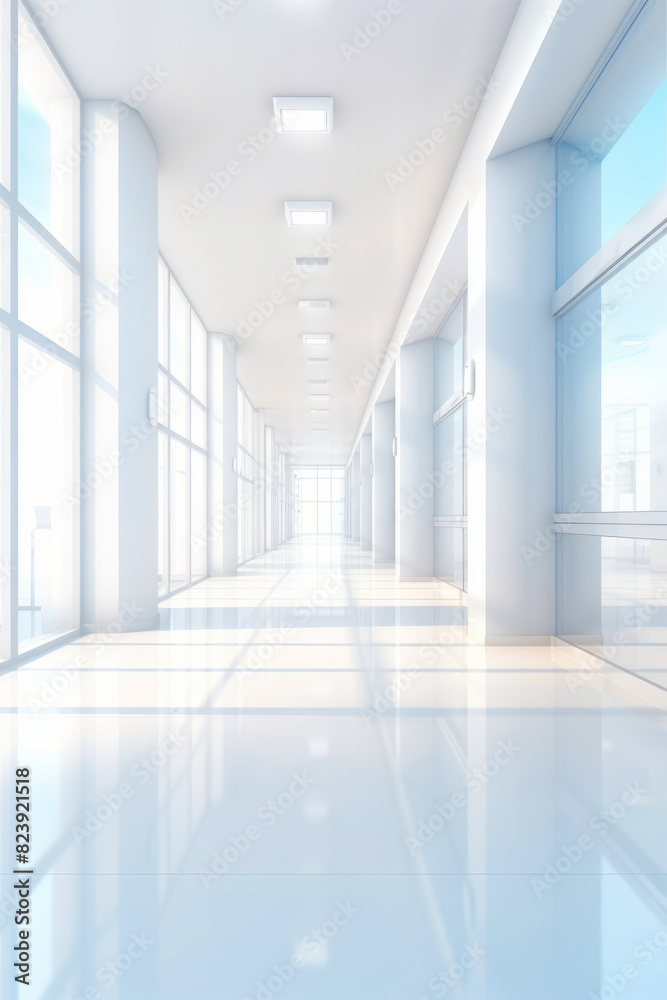 Long hallway with windows and sky background in building Long hallway with windows and sky background in building