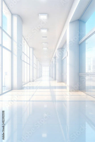 Long hallway with windows and sky background in building