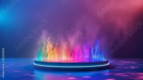 Empty navy display podium with rainbow light ray and reflections on minimal dark blue navy background, show stage pedestal for miracle, fantasy successful product curation and display, with copy space photo
