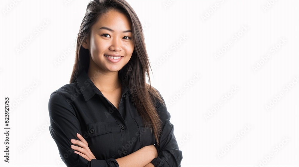 Portrait of confident smiling young Asian woman arm crossed standing isolated on white background with copy space, concept of woman leader, businesswoman, confident young woman, woman at work. Portrait of confident smiling young Asian woman arm crossed standing isolated on white background with copy space, concept of woman leader, businesswoman, confident young woman, woman at work.