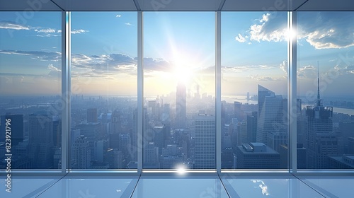 View from a modern office showing a sprawling urban landscape bathed in the warm glow of a sunrise  framed by large windows that reflect an expansive cityscape
