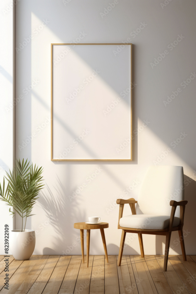 Chair and table in room with large picture frame Chair and table in room with large picture frame