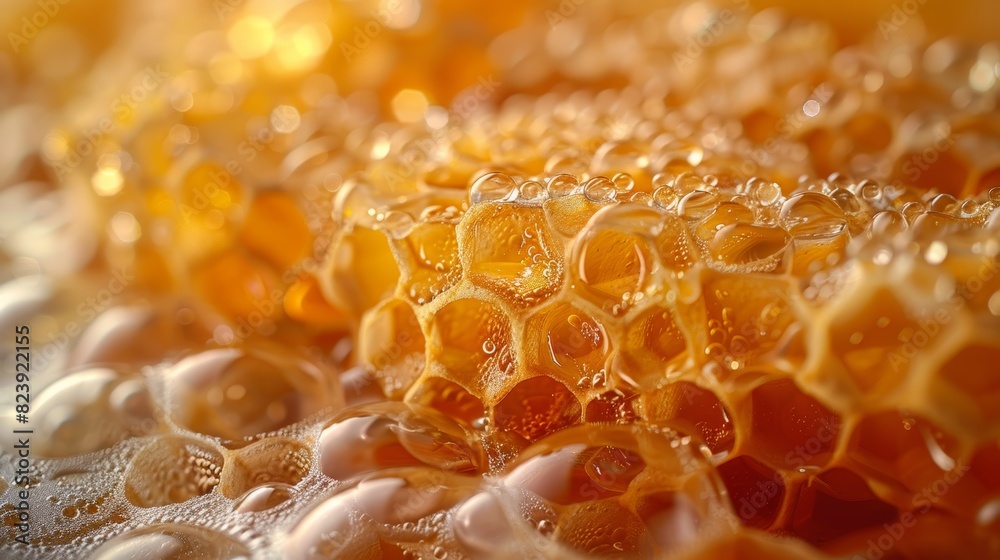 Close-up view of a fresh honeycomb covered in droplets of honey, illustrating the texture and natural beauty of the structure Close-up view of a fresh honeycomb covered in droplets of honey, illustrating the texture and natural beauty of the structure
