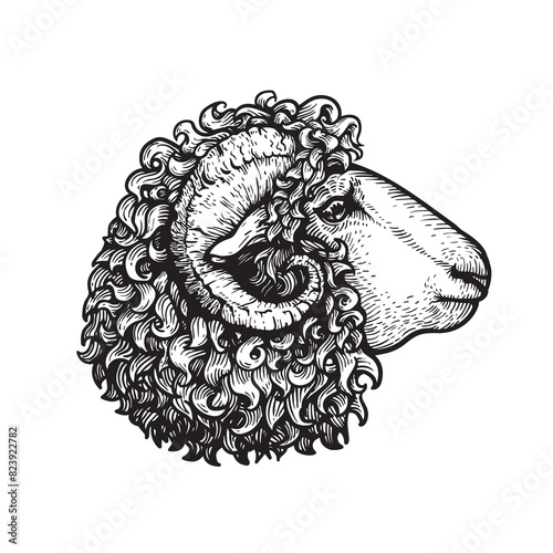 Hand drawn ram sheep portrait. Sketch style farm domestic animal. Best for logo designs. Vector illustrations isolated on white.