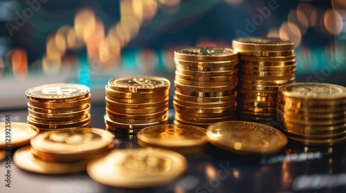 The Golden Rule of Investing: Stacks of Gold Coins on a Reflective Surface with Bokeh Background photo