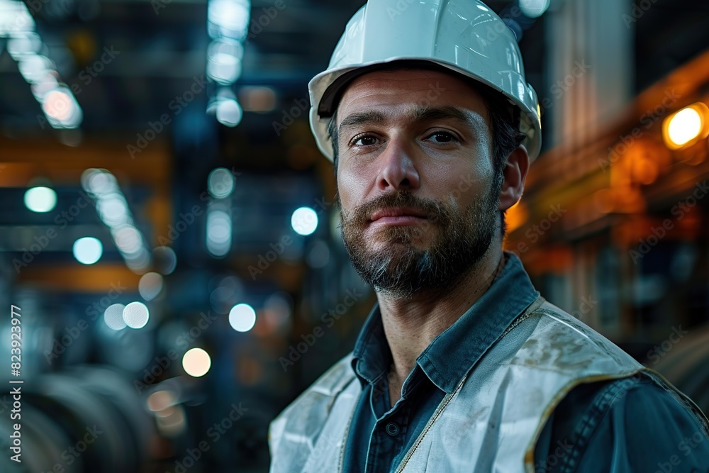 Focused Mechanical Engineer in White Safety Helmet at a Metal Manufacturing Factory