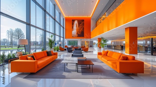 Stunning modern office lobby featuring bright orange furniture, large glass windows, natural light, and sleek contemporary design elements for a vibrant work environment