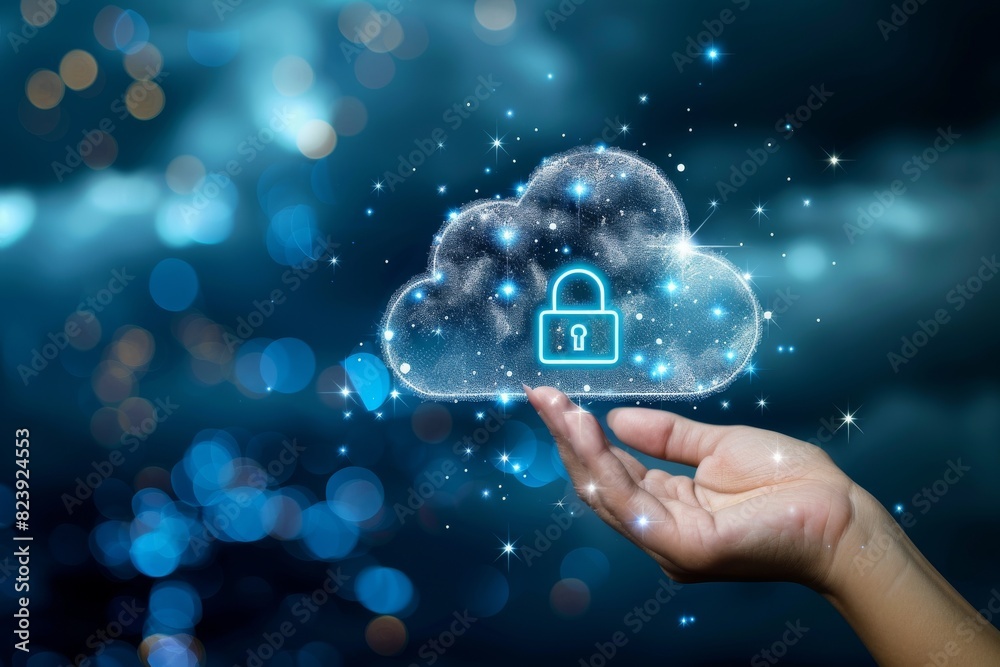Hand holding glowing holographic cloud for secure online data protection and IT security
