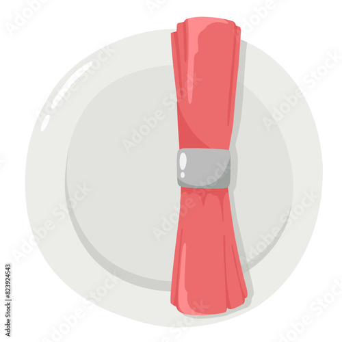 Serving napkin on a plate in cartoon flat style. Vector illustration.