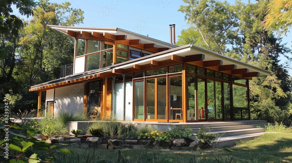 A modern passive solar home with large southfacing windows, thermal mass walls, and natural shading elements A modern passive solar home with large southfacing windows, thermal mass walls, and natural shading elements