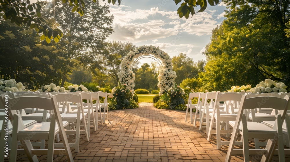 Outdoor Wedding Ceremony Setup with Elegant Archway and White Chairs in Scenic Garden Outdoor Wedding Ceremony Setup with Elegant Archway and White Chairs in Scenic Garden