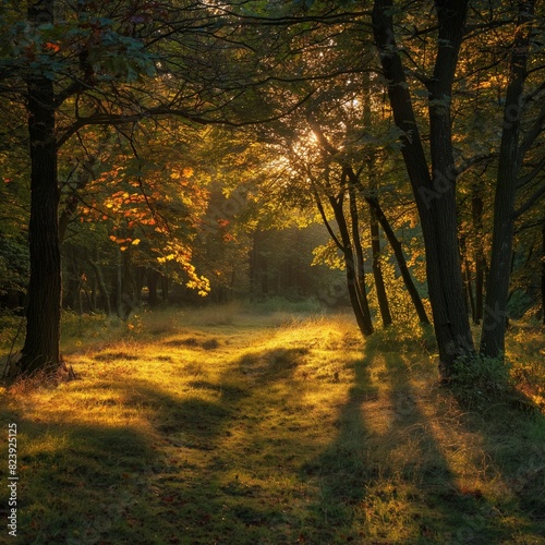 A clearing in the forest bathed in the golden light of sunset  the trees casting long shadows and the air filled with the serene stillness of the evening.