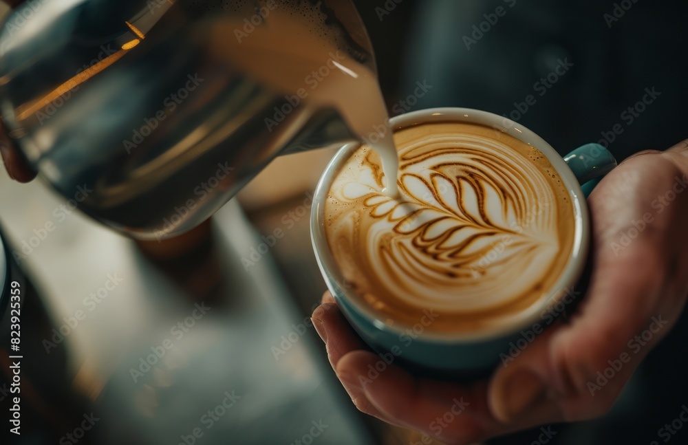 Barista making latte art, closeup of hands pouring milk into coffee cup Barista making latte art, closeup of hands pouring milk into coffee cup