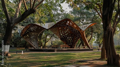 A public park pavilion made from recycled plastic and steel, providing a unique and ecofriendly gathering space