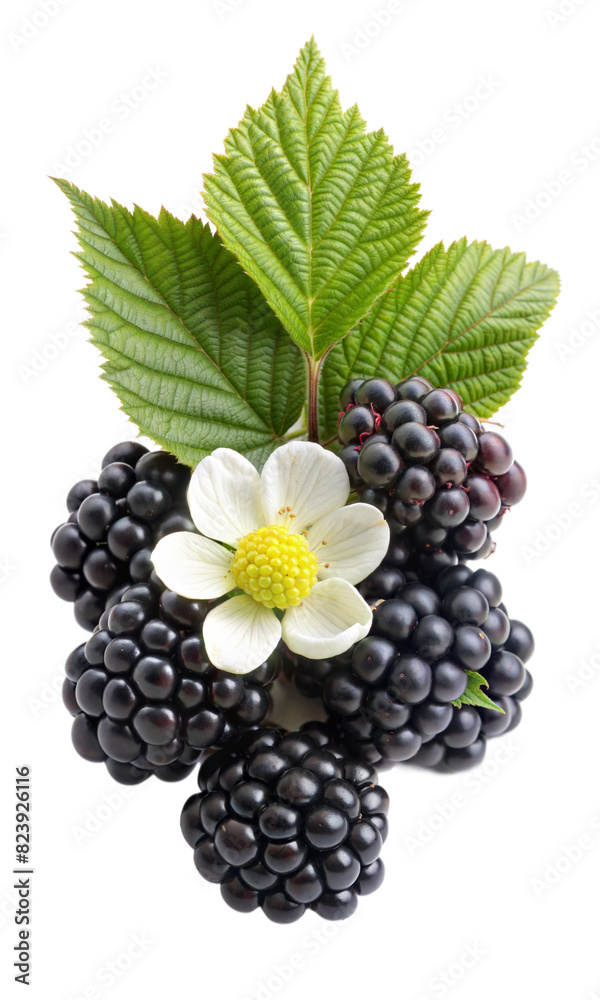 Fototapeta premium A bunch of blackberries and a white flower are displayed together