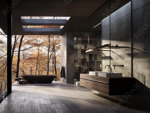 Person gazes at autumn trees from a modern bathroom retreat.