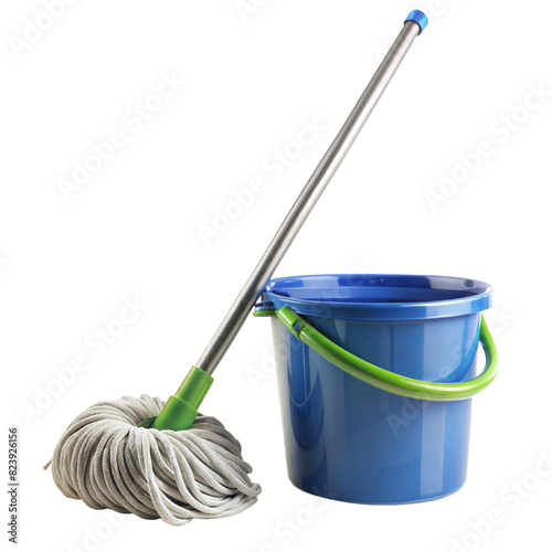 A blue bucket with a green handle sits next to a mop