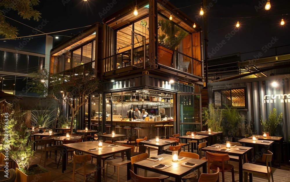 A trendy restaurant constructed from recycled shipping containers, offering a sustainable and stylish dining experience A trendy restaurant constructed from recycled shipping containers, offering a sustainable and stylish dining experience