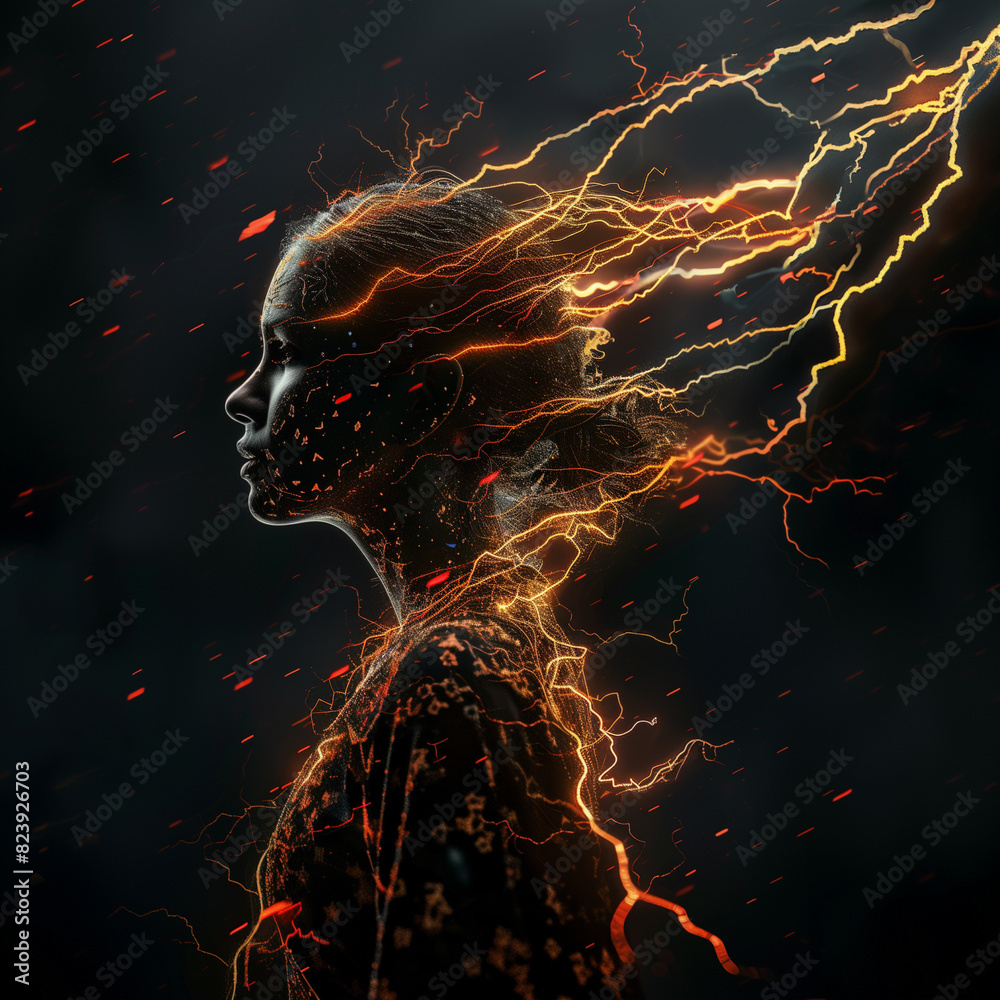 Striking side profile of a person with vibrant electric lightning bolt ...