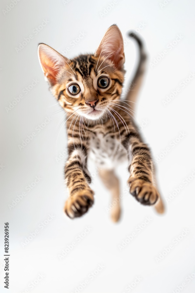 A kitten is jumping in the air