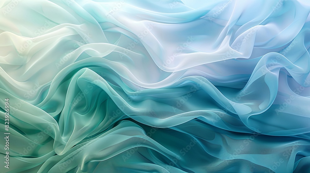 Fototapeta premium Fabric background with abstract, flowing shapes in a gradient of cool blues and greens, creating a calm and serene feel